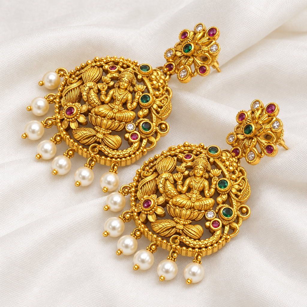 Antique Gold Plated Goddess Lakshmi Temple Earrings With Multi Color CZ