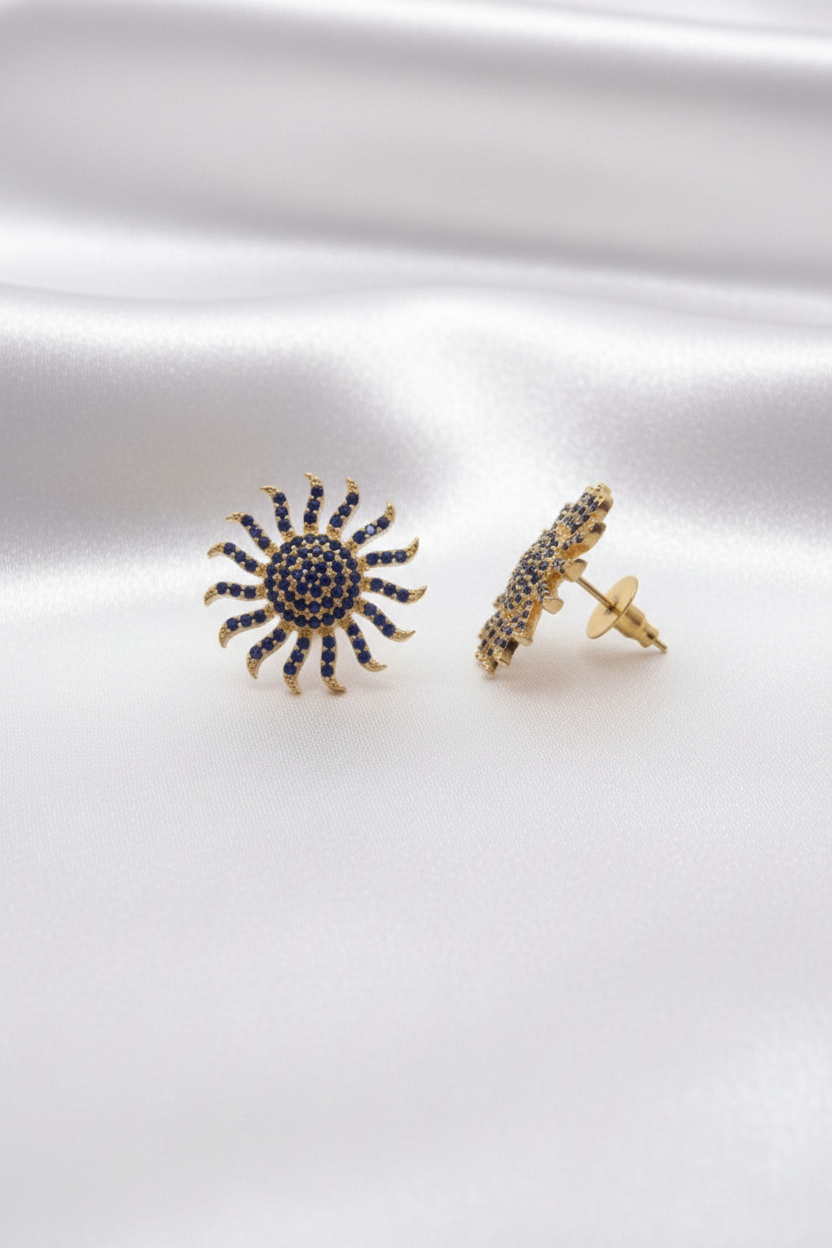 Traditional Gold Plated Sunburst Pattern Blue Stone Stud Earrings