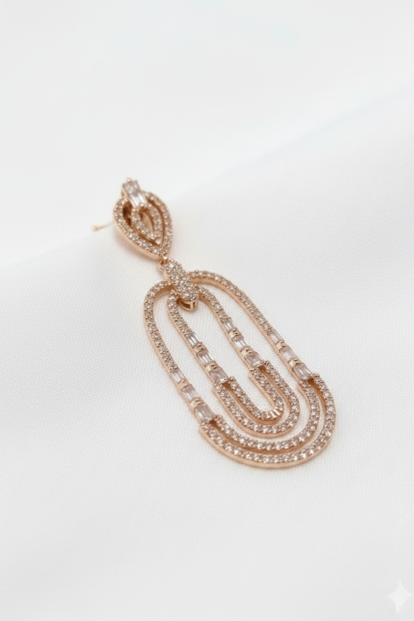 Modern Layered U-Shaped CZ Rose Gold Drop Earrings