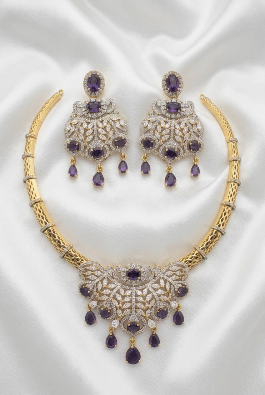 Gold-Plated American Diamond Choker Necklace Set with Purple Stones