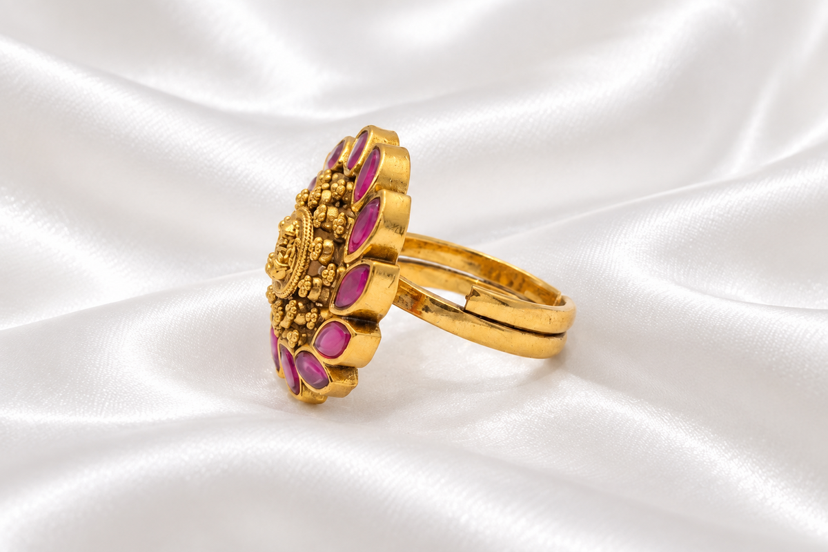 Traditional Temple Design Floral Cluster Ruby Finger Ring