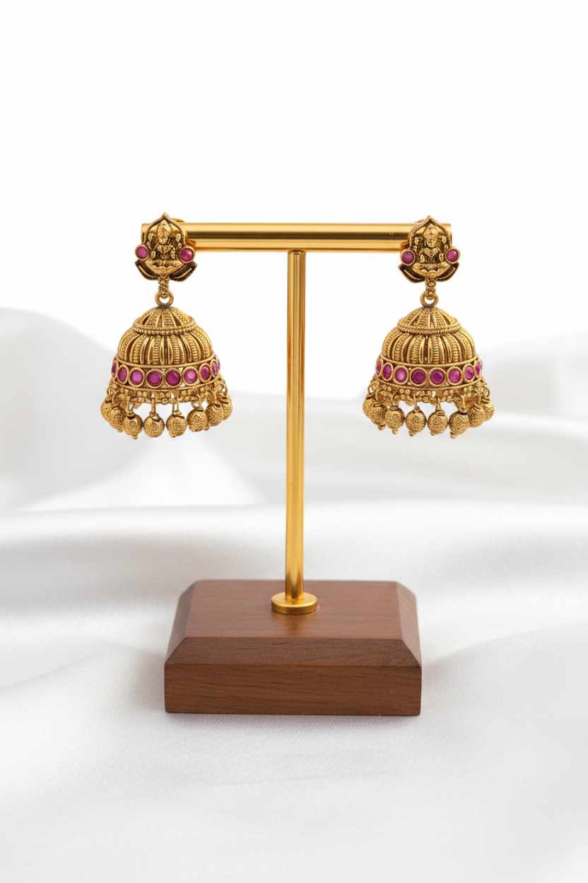 Gold-Plated Antique Goddess Lakshmi Motif Ruby Stone Jhumkas