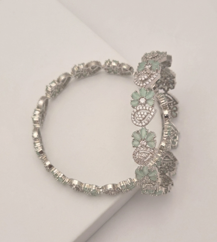 Silver and Mint Green Paisley Zircon Stone Bangles Set
