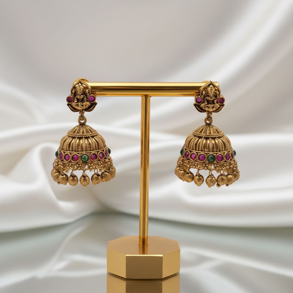 Gold-Plated Antique Goddess Lakshmi Motif Multi-Color Stone Jhumkas