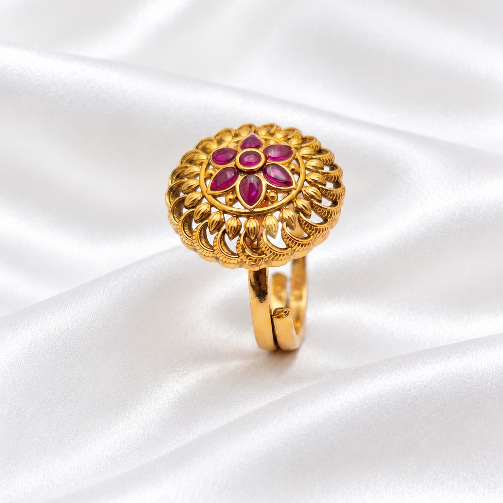 Matte Gold Six-Petal Ruby Floral Motif Statement Ring