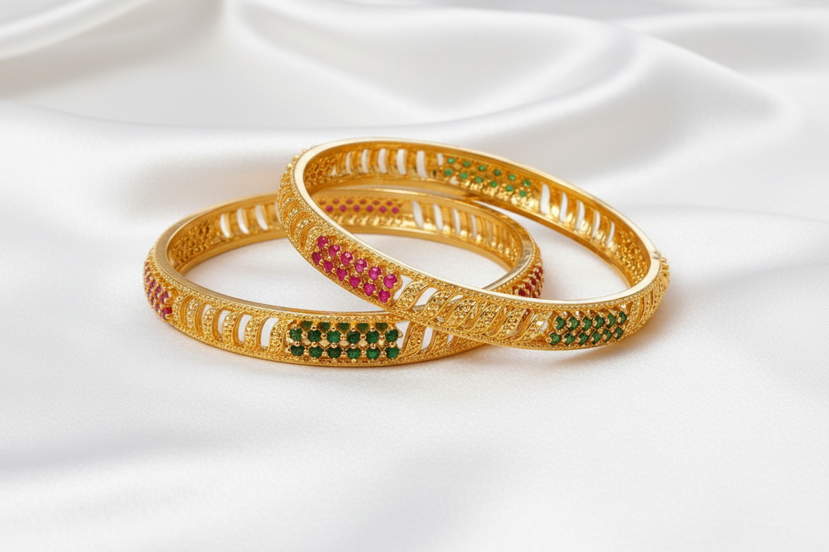 Antique Gold Plated Ruby & Emerald Designer Bangle Set – Traditional Indian Jewelry