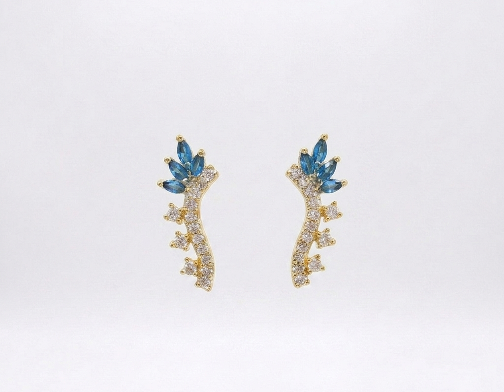 Gold-Plated Blue and White Zircon Stone Asymmetric Floral Vine Necklace with Earrings