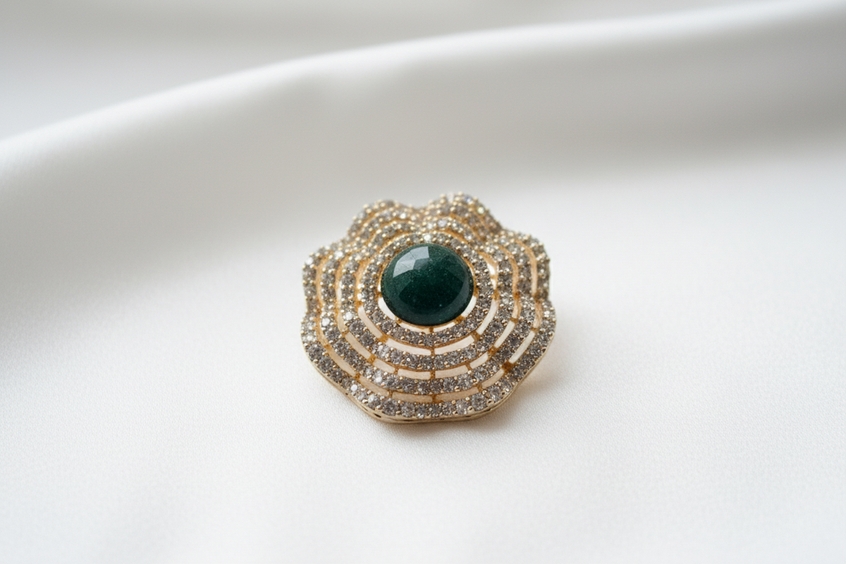 Gold-Plated CZ Dark Green Layered Round Mugappu Set with Earrings