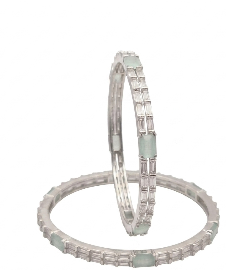 Silver and Mint Green Baguette Zircon Stone Bangles Set