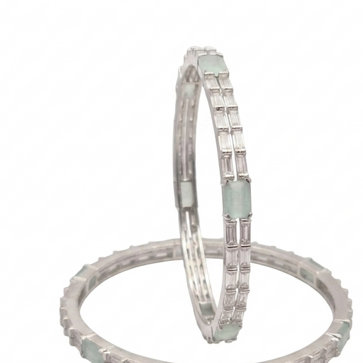Silver and Mint Green Baguette Zircon Stone Bangles Set
