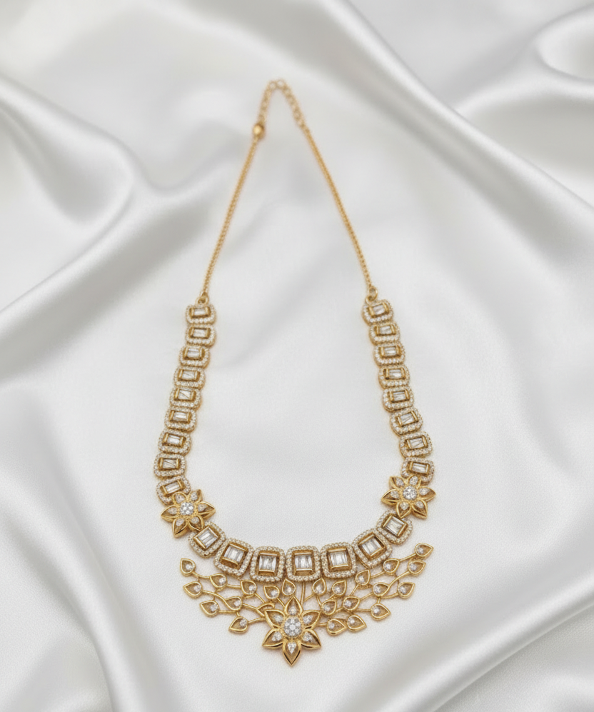 Luxury Floral Zircon Necklace Set with Matching Earrings - Gold & Rose Gold Finish