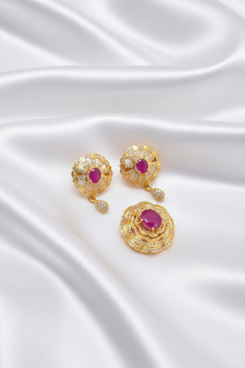 Sparkling Contemporary Oval Ruby Zircon Party Wear Mugappu Set