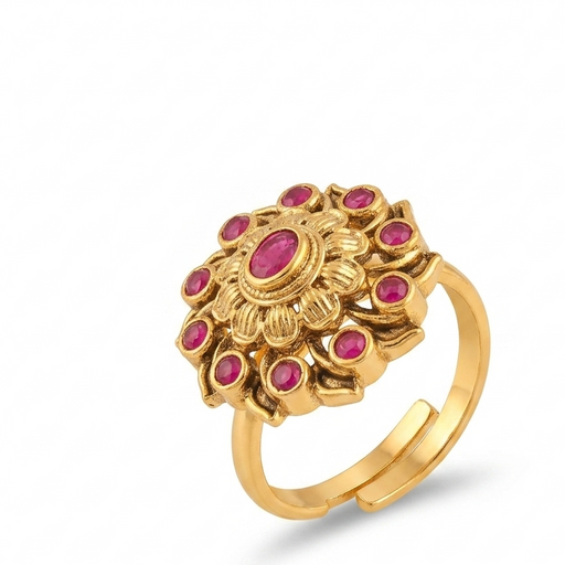 Antique Gold Tone Cluster Statement Ring with Ruby-Red Stones