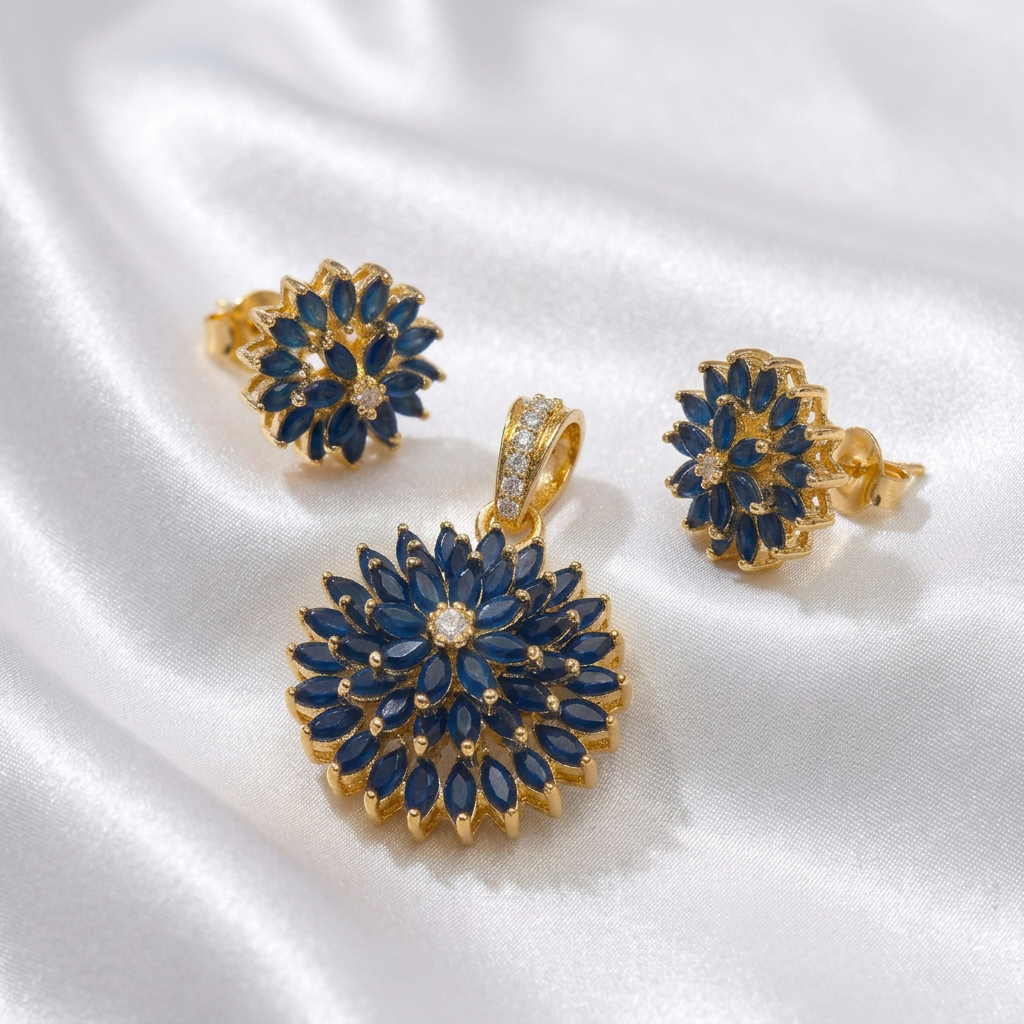 Gold-Plated CZ Blue Floral Cluster Pendant Set with Earrings