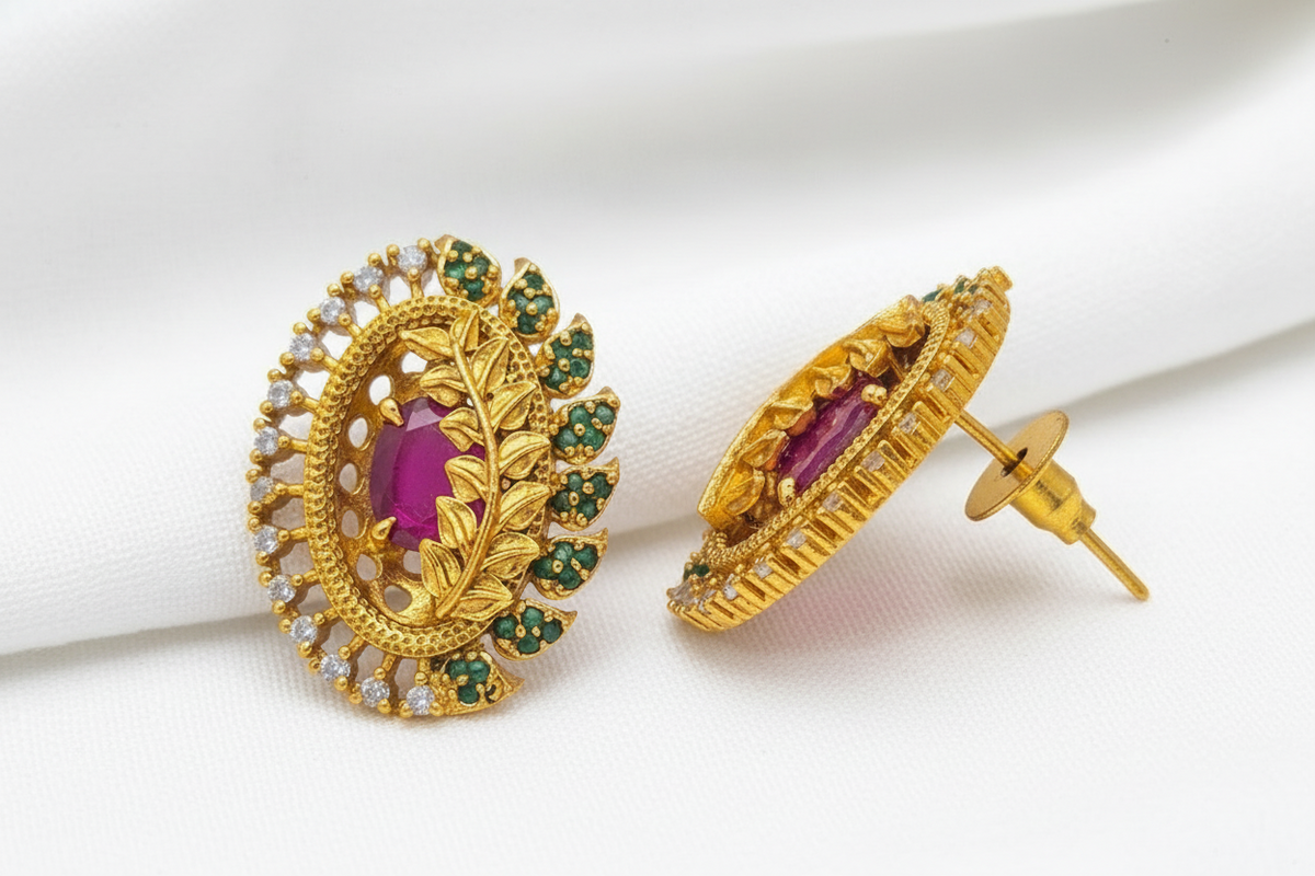 Traditional Matte Gold Finish Floral Textured Multi Color Stud Earrings
