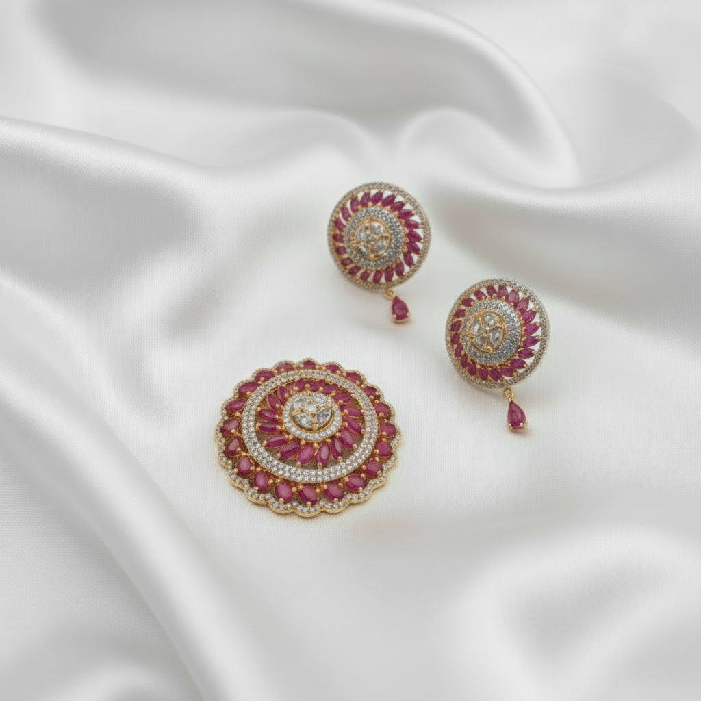 Gold-Plated Circular Pink and White Zircon Stone MugappuSet