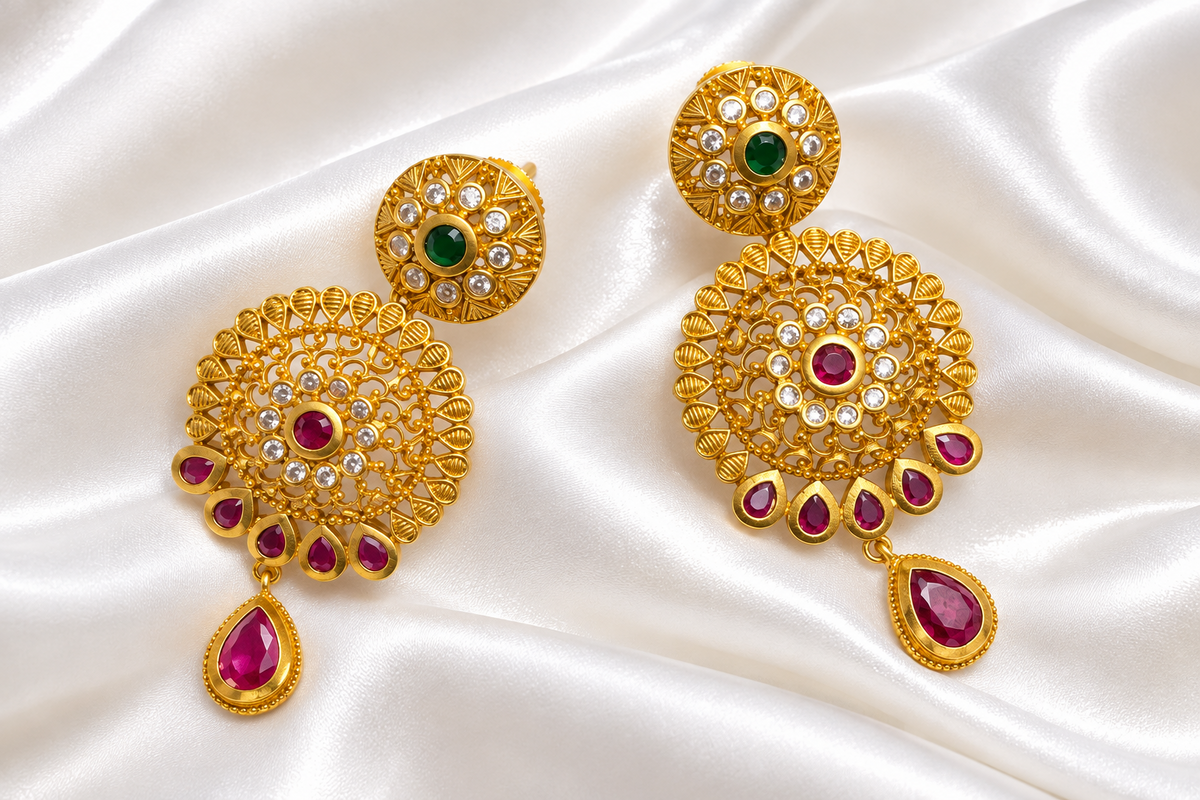 Gold-Plated Circular Filigree Antique Earrings with Ruby and Teardrop Drop