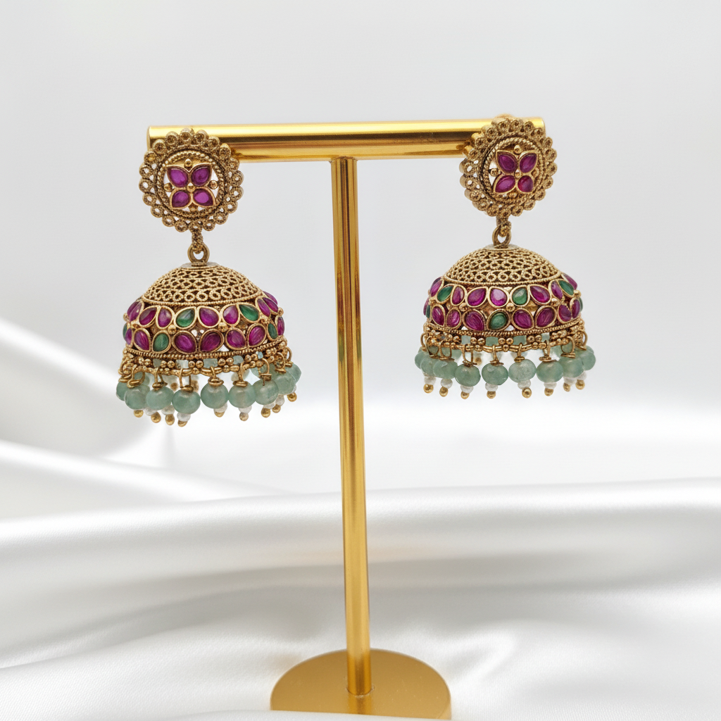 Gold Antique Floral Multi-Color Jhumkas with Beads