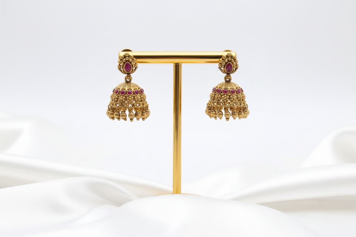 Gold-Plated Antique Floral Stud Jhumkas with Ruby Stones & Beads