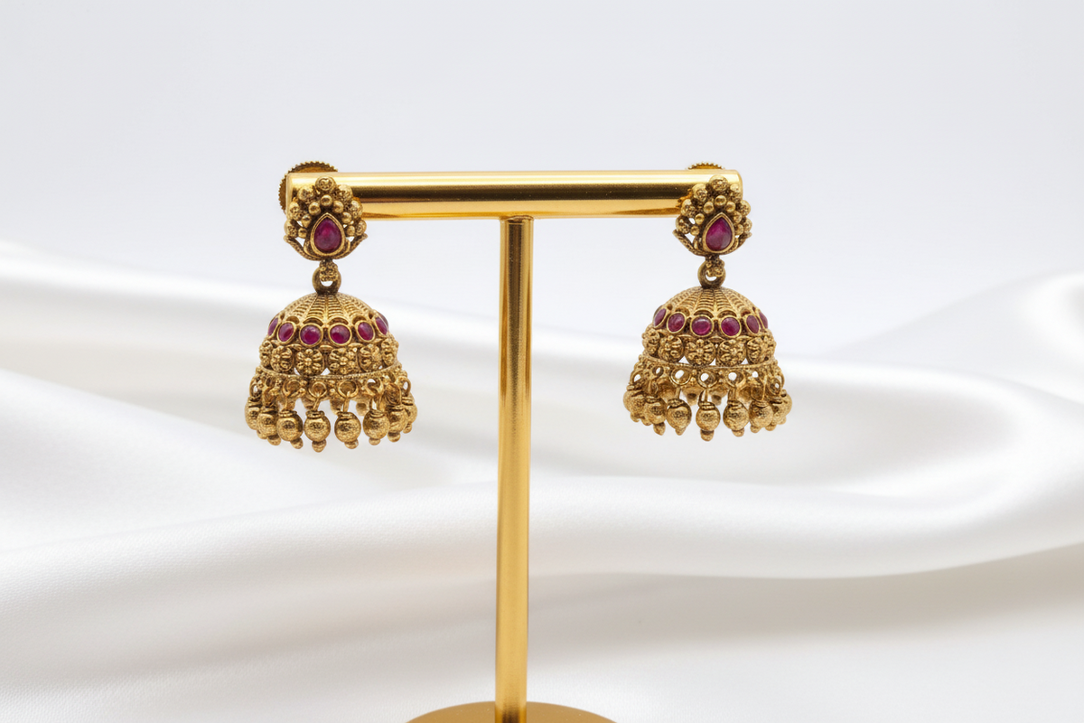 Gold-Plated Antique Floral Stud Jhumkas with Ruby Stones & Beads
