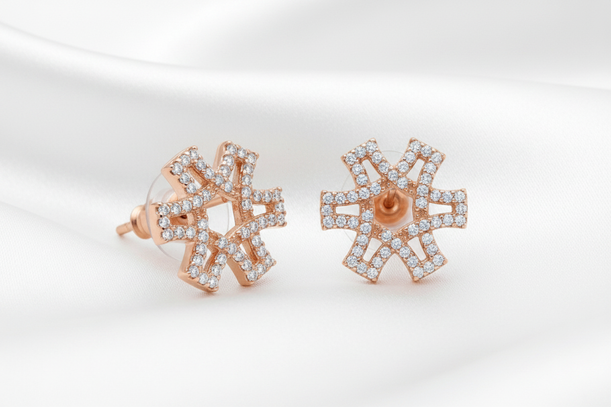 Rose Gold Finish Sparkling Zircon Starburst Stud Earrings for Parties