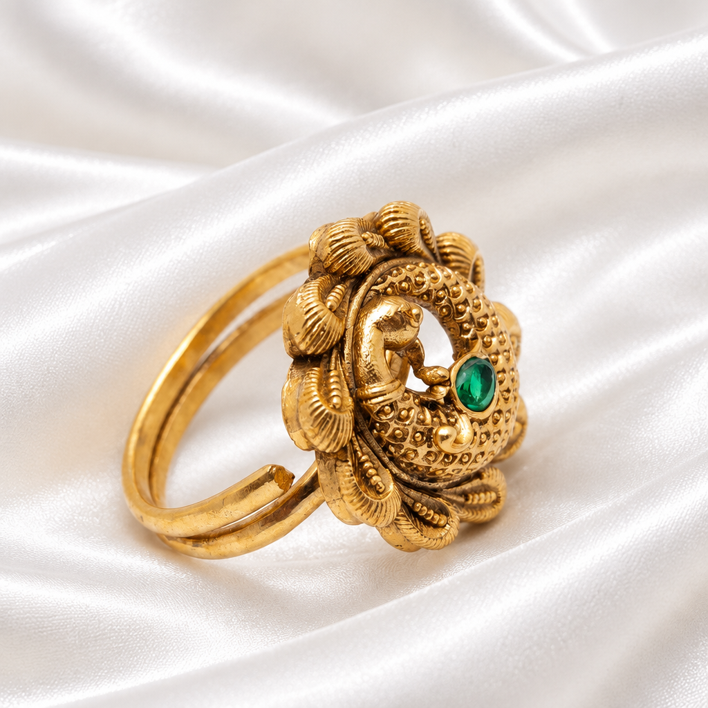 Gold-Plated Traditional Temple Peacock Motif Emerald Stone Adjustable Ring