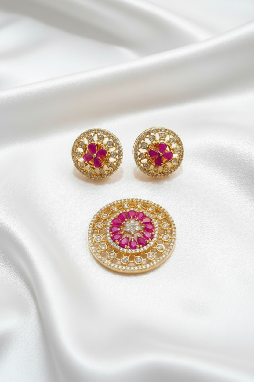 Sparkling Contemporary Circular Pink Zircon Party Wear Mugappu Set