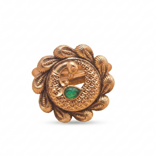 Gold-Plated Traditional Temple Peacock Motif Emerald Stone Adjustable Ring