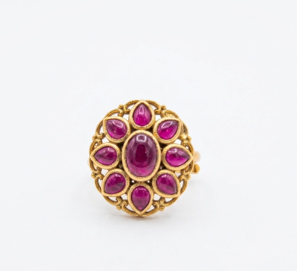 Matte Gold Oval Ruby Floral Cluster Statement Finger Ring