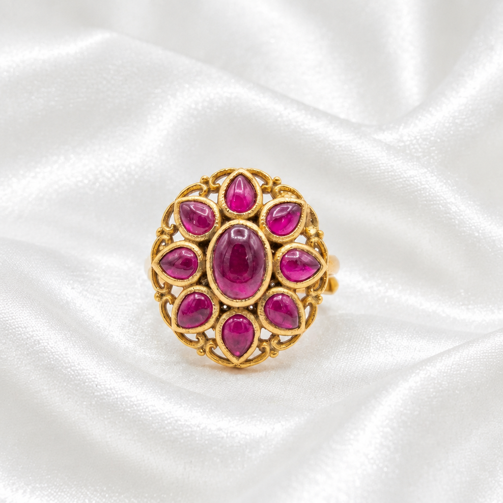 Matte Gold Oval Ruby Floral Cluster Statement Finger Ring