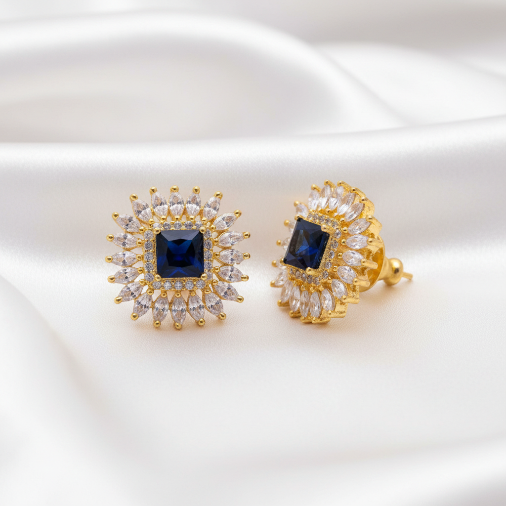 Gold Plated Blue Sapphire Sunburst Stud Earrings