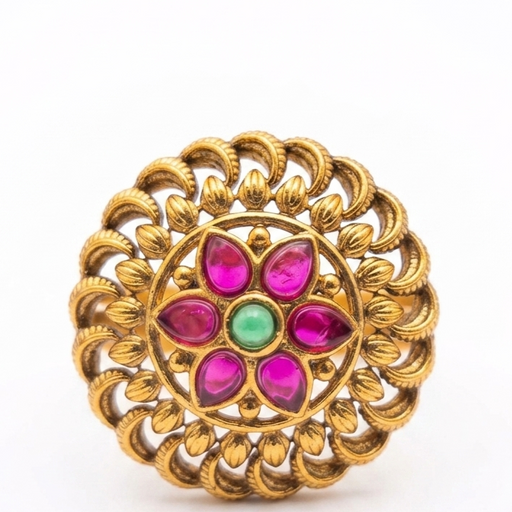 Traditional Temple Twisted Loop Design Ruby-Green Ring