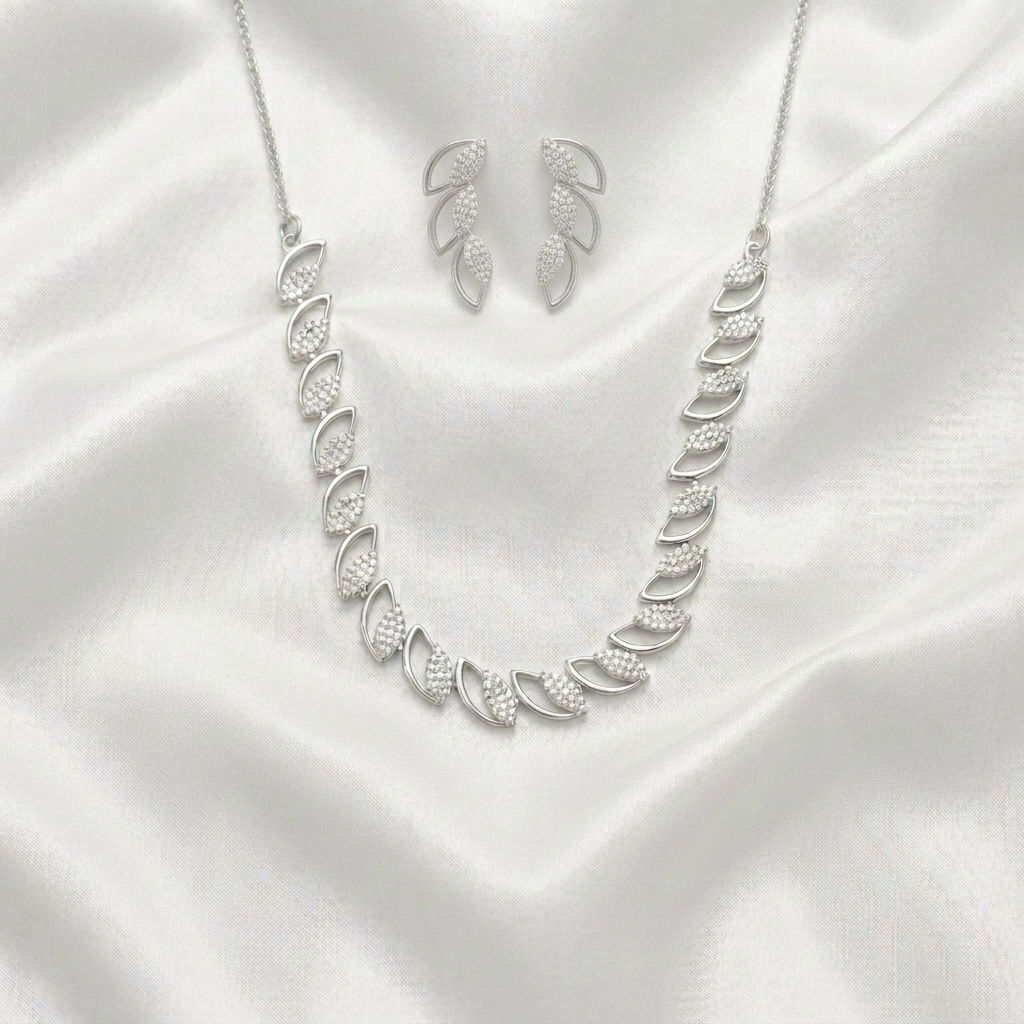 Leaf Motif Zircon Stone Necklace with Earrings Set