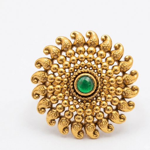Traditional Gold Beaded Paisley Green Stone Statement Ring