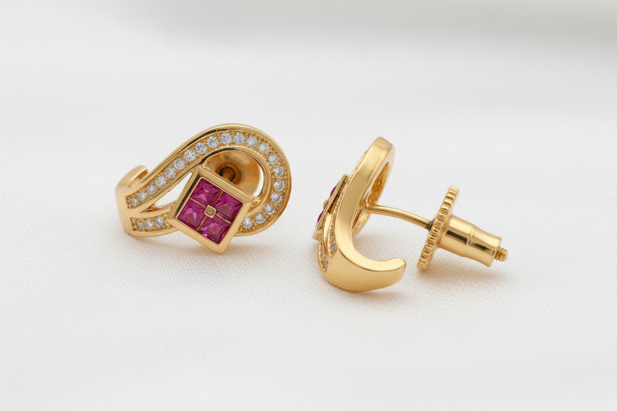 Traditional Ethnic Square Ruby Zircon Party Wear Huggie Earrings