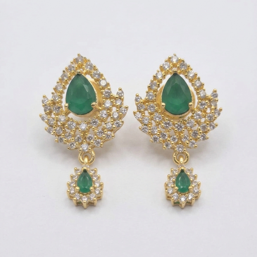 Gold Plated Green CZ Stone Cluster Hanging Earrings
