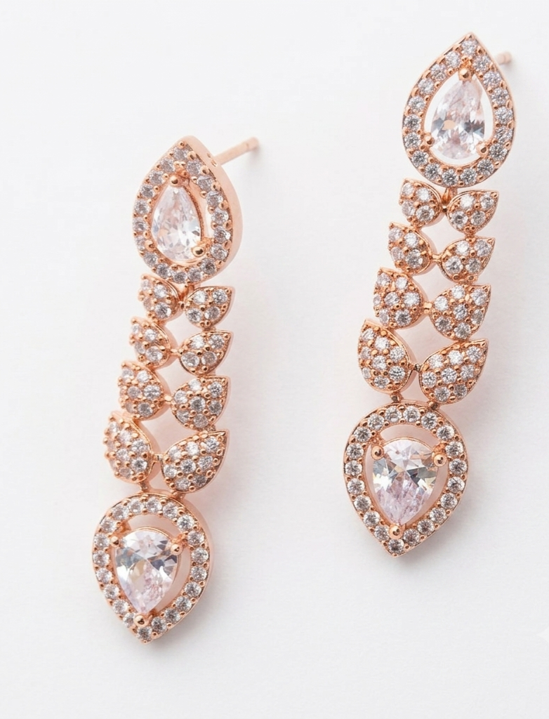 Gold-Plated Layered Teardrop Zircon Necklace Set with Earrings
