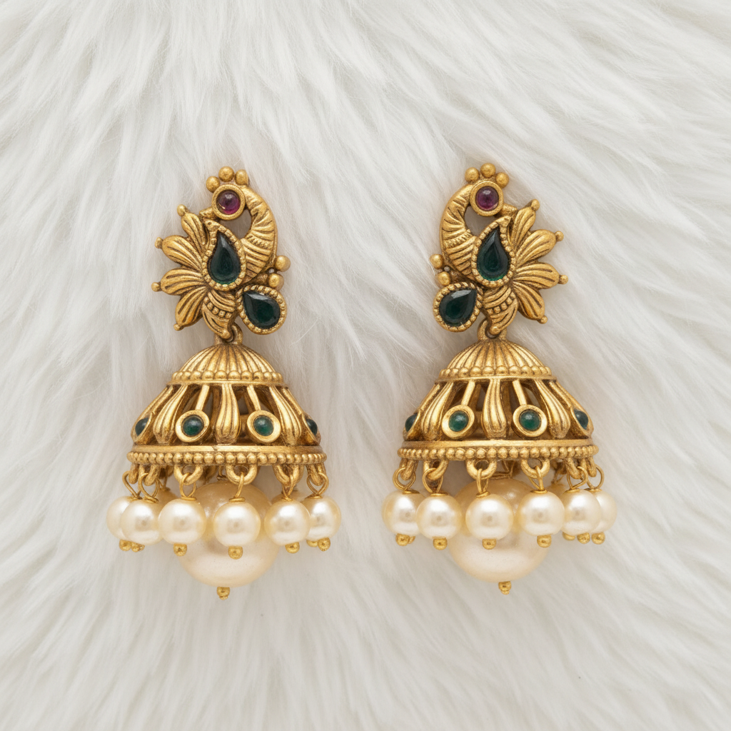 Pair of gold earrings with peacock design and pearl drops on a white background