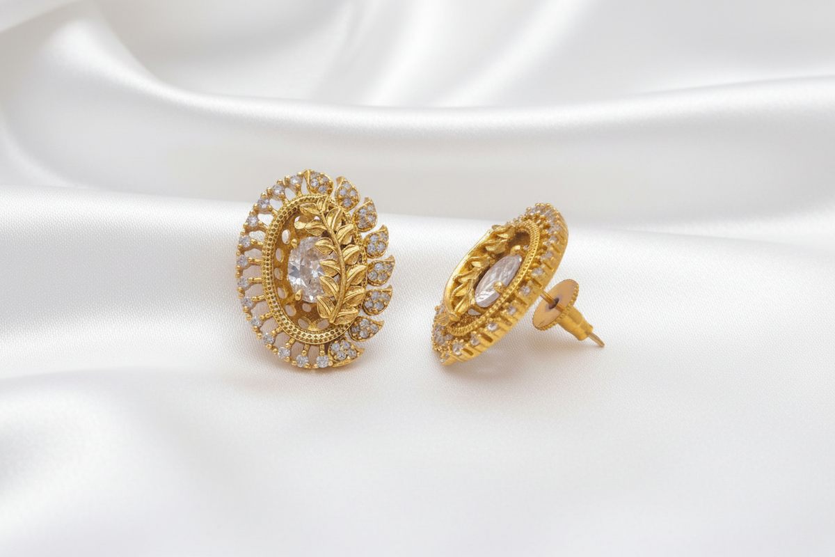 Antique Gold Plated Oval Stud Earrings With Large White CZ Center Stone