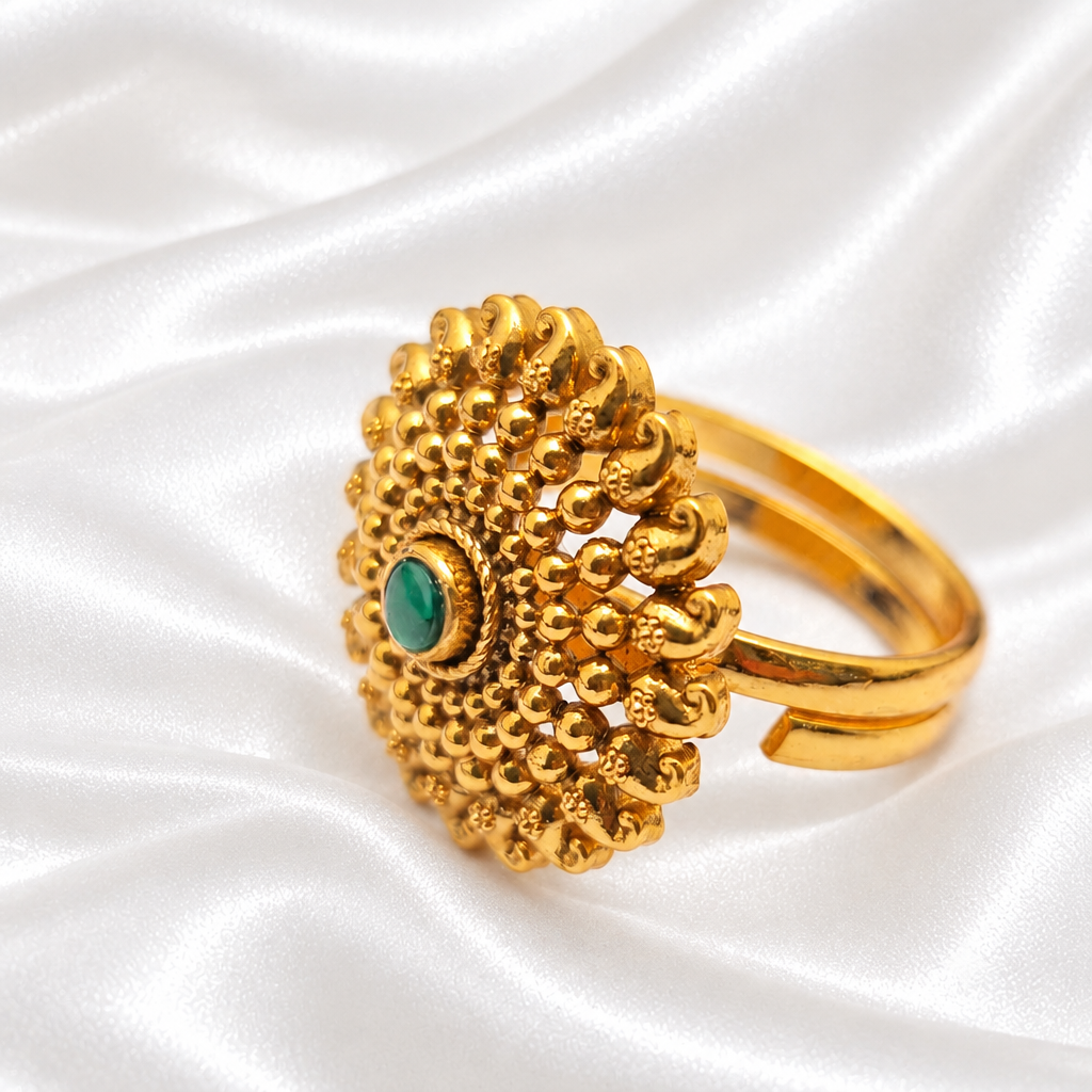 Traditional Gold Beaded Paisley Green Stone Statement Ring