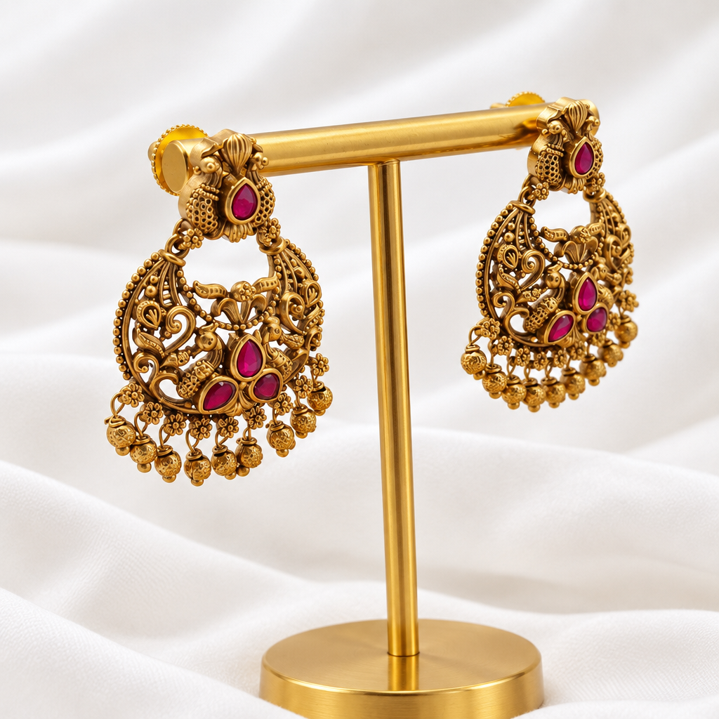 Gold-Plated Antique Peacock Chandbali Earrings with Ruby Stones