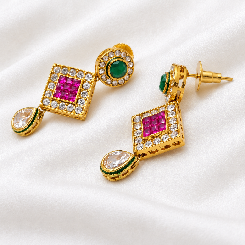 Traditional Multi Color CZ Stone Studded Layered Square Drop Earrings