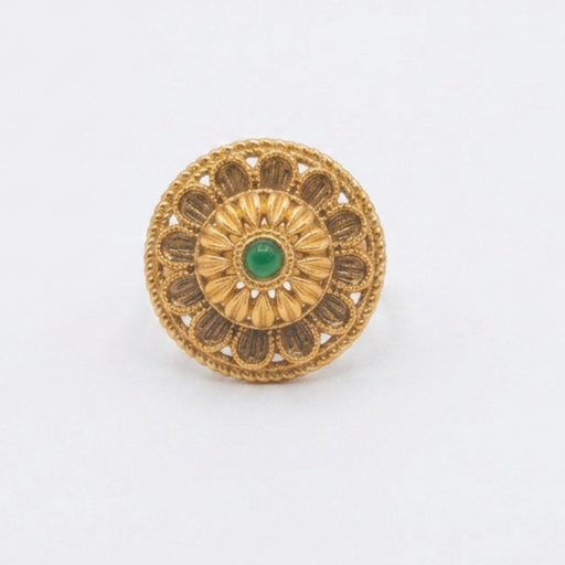 Antique Gold Tone Floral Statement Ring with Green Center Stone