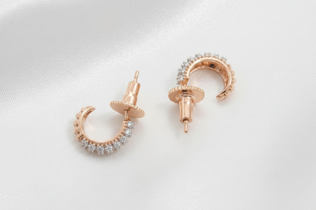 Gold-Plated C-Hoop Pave Zircon and Crystal Stud Earrings