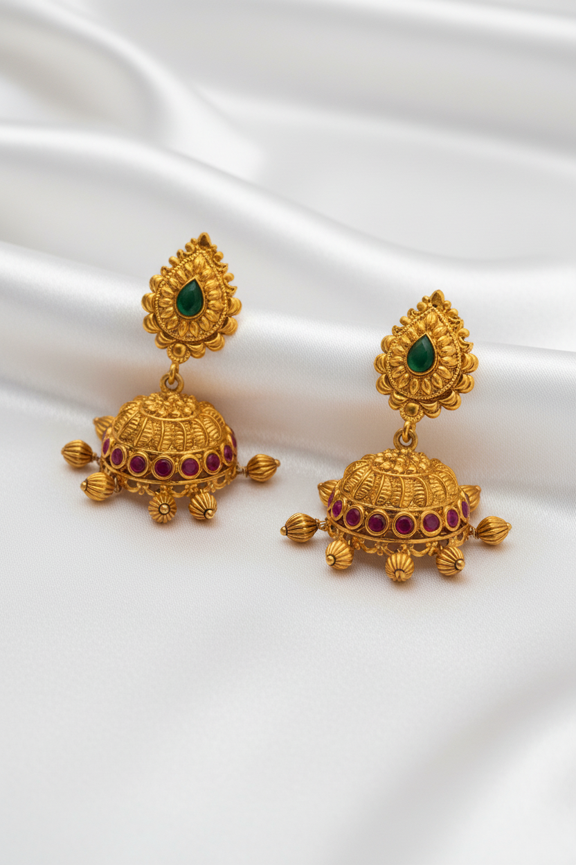 Gold-Plated Antique Jhumkas with Emerald and Ruby Beaded Accents