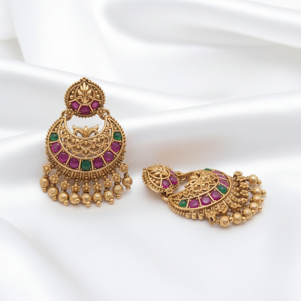 Gold-Plated Antique Paisley Stud Chandbali Earrings with Multi-Color Stones