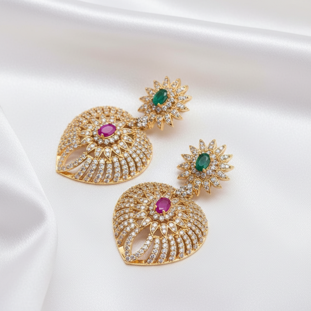 Gold-Plated Heart Motif Emerald and Ruby Stone Pave Zircon Earrings