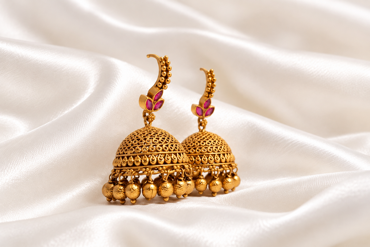 Gold-Plated Antique Jhumkas with Ruby Stud and Hanging Beads