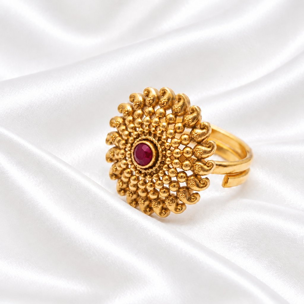 Matte Gold Paisley Loop Central Ruby Stone Statement Ring