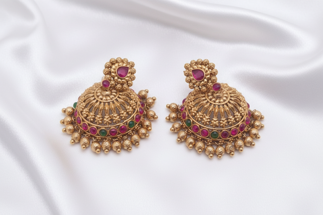 Gold-Plated Antique Small Paisley Stud Multi-Color Stone Jhumkas